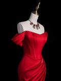 Chic Sheath Off The Shoulder Red Satin Slit Senior Prom dresses High School Long Formal Dress HZ0311