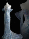 Beautiful Mermaid Off The Shoulder Light Sky Blue Sequin Long Prom Dresses Formal Gowns Inspo Evening Outfit HZ0311