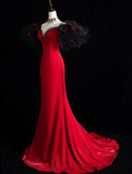 Elegant Mermaid Off The Shoulder Red Satin With Sleeves Floor Length Inspiration Long Prom Dresses HZ0311