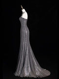 Sparkly Mermaid Strapless Silver Grey Sequins Senior Prom Dresses High School Long Formal Dress HZ0311