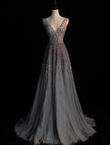 Modest A line V Neck Grey Tulle With Beadings College Formal Outfits Long Prom Inspo Graduation Dresses HZ0311