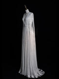 Modest A Line V Neck White Sequin With Long Sleeves Cape Prom Dresses Evening Party Formal Gown 17th Birthday Outfits HZ0311