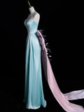 Stunning A line Sweetheart Blue Satin With Bow-knot Prom Dresses Inspiration Evening Dress Princess Graduation Gown HZ0311