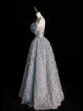 Princess Ball Gown Sweetheart Grey With Bow Feathers Tulle Long Formal Evening Dress Gowns Formal Prom Dresses HZ0311