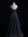 Classy A line Strapless Black Sequins College Formal Outfit Long Prom Graduation Dresses HZ0311