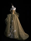 Modest Ball Gown Strapless Green Tulle With Appliques College Formal Outfits Long Prom Inspo Graduation Dresses HZ0311