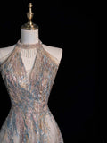 Sparkly A line Halter Sequins Long Formal Evening Dress Gowns Long Prom Dresses HZ0311