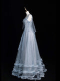Beautiful Ball Gown Spaghetti Strap Blue Tulle Long Prom Dresses Inspiration Evening Gowns Formal Dress HZ0311