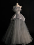 Modest Ball Gown Strapless Sequin Gray Tulle Long Prom Dresses For High School Teens Girls Formal Bridesmaid Dress HZ0311