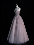 Modest Ball Gown Strapless Beadings Gray Tulle Long Prom Dresses For High School Teens Girls Formal Bridesmaid Dress HZ0311