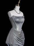 Whimsical Mermaid Strapless Silver Gray Sequin Pleated Bodice Long Prom Dresses Night Formal Dress HZ0311