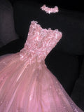 Glittery Ball Gown Strapless Pink Polka Dots Long Formal Evening Dress Formal 18th Birthday Gowns Prom Dresses HZ0311