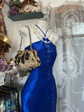 Vintage 2000s Mermaid Halter Royal Blue Satin Sleeveless Long Prom Dress For Women Girls Evening Dresses HZ0311