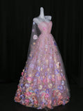 Cute Ball Gown Strapless Pink Sleeveless Floral Tulle Long Quinceanera Dresses Sweet 15 16 Birthday Outfits HZ0311