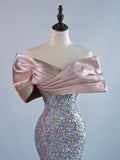 Sparkly Mermaid Off The Shoulder Silver Sequin Short Sleeves Long Prom Dresses Formal Gowns Evening Dress HZ0311