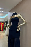Charming Dark Navy Strapless Sleeveless Stain Prom Dresses Sheath Long On Sale HZ0311