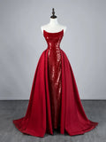 Sparkly Mermaid Strapless Burgundy Sequin Pleated With Train Satin Long Prom Dresses Formal Gowns HZ0311