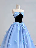 Timeless Ball Gown Strapless Blue Satin With Bow-knot Long Prom Dresses Inspiration Party Gowns HZ0311