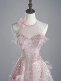 Modest A line Scoop Neck Pink Sequins Prom Dresses Inspiration Party Gowns Princess Formal Dress HZ0311
