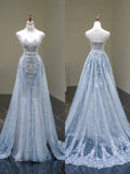 Modest Mermaid Scoop Light Blue Sequined Tulle Long Prom Dress For Women Girls Evening Dresses HZ0311