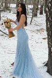 Elegant Sheath-Column Floor Length Tulle Backless Long Prom Dress Party Dresses Online HZ0311