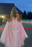 Classy V-neck Pink Sparkle Tulle A-line Long Prom Dresses Inspo Long Prom Gown HZ0311
