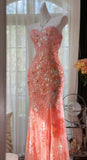 Mermaid Coral Formal Dresses Tulle Sequin Sweetheart Neck Long Prom Dresses Coral Evening Dresses HZ0311