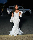 Sweetheart Ivory Mermaid High Split Court Train Sparkle Long Prom Dresses HZ0311