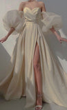 Sweetheart Ivory A line High Split Court Train Sparkle Long Party Wedding Prom Dresses HZ0311