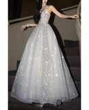 A line Bling Silver Corset Top Long Prom Dress With Straps HZ0311