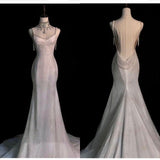 Mermaid Ivory White Sequin Spaghetti Straps Long Backless Pleats Wedding Dress HZ0311