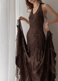 Vintage A Line Halter Brown Lace Long Prom Dresses Evening Formal Gown HZ0311