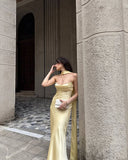 Simple Mermaid Strapless Yellow Satin With Pleated Scarf Long Prom Dresses Formal Dress Party 20th Birthday Outfits HZ0311