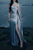 Elegant Mermaid Strapless Light Sky Blue With Split Long Formal Prom Evening Dress Dinner Outfits Party Gowns HZ0311