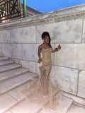 Elegant Mermaid Strapless Gold With Beads Long Formal Prom Evening Dress Dinner Outfits Party Gowns HZ0311