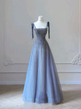 Modest A line Straps Blue With Beaded Sequin Prom Dresses Long Birthday Party Dress Evening Dresses HZ0311