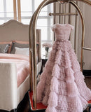 Fairy Ball Gown Strapless Pink Tiered Tulle Long Prom Dresses Evening Dress Sweet 15 16 Gown HZ0311