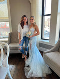 Blue Tulle Lace Party Dress Mermaid Spaghetti Straps Long Modest Prom Dresses Evening Gowns HZ0311