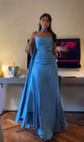 Elegant Strapless A Line Blue Prom Dresses Long Evening Dress HZ0311