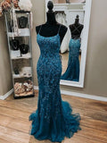 Dark Blue Mermaid Spaghetti Straps Appliques Formal Prom Dress HZ0311