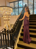 Grape Lace Mermaid Long Prom Dress Strapless Long Formal Dress Evening Dress HZ0311