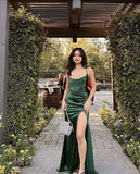 Sexy Sheath Spaghetti Straps Dark Green Slit Prom Dresses For Teens Formal Dress Party Outfits Prom Gown HZ0311