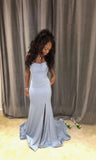 Modest Mermaid Spaghetti Strap Light Sky Blue Sequin With Slit Prom Dresses Long Birthday Party Dress Evening Dresses HZ0311