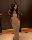 Modest Mermaid Spaghetti Strap Champagne Sequin Prom Dresses Long Birthday Party Dress Evening Dresses HZ0311