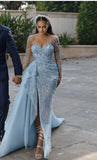 Modest Mermaid Scoop Light Sky Blue With Beaded Split Prom Dresses Long Birthday Party Dress Evening Dresses HZ0311