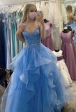 Cute Ball Gown Halter Blue Tulle With Appliques Long Prom Dresses Senior Graduation Dance Evening Outfits HZ0311