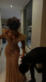 Modest Mermaid Off The Shoulder Gold Sequin With Beaded Sleeves Prom Dresses Long Birthday Party Dress Evening Dresses HZ0311