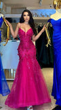 Classy Mermaid Halter Fuchsia Tulle Lace Prom Dress Aesthetic For Teens Formal Dresses Party Outfits Prom Gown HZ0311