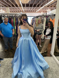 Simple A Line Square Neck Blue Satin Sleeveless Prom Dresses Long Prom Gowns HZ0311