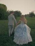 Unique Ball Gown Off The Shoulder Light Sky Blue Lace Prom Dress Formal Long Tiered Evening Party Gowns Vestidos De Dia HZ0311